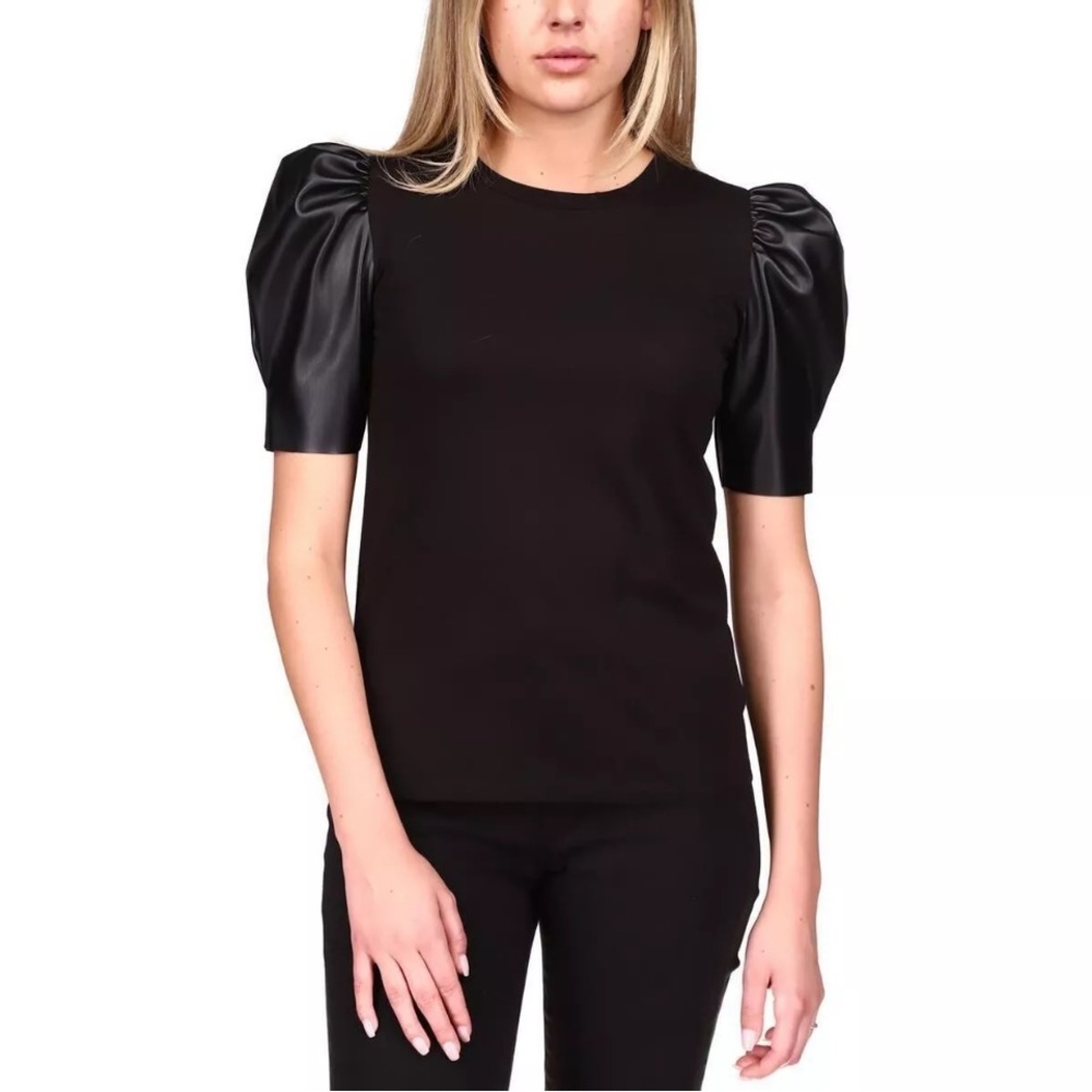 Michael Kors Black Faux Leather Puffed Sleeve shirt. Size small